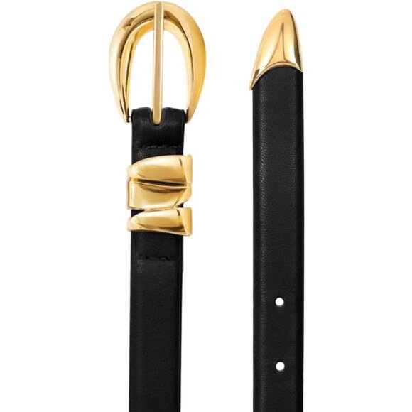 Leather Belt for Women – Gold Buckle Adjustable Belt, Classic Thin Waist Belt - Picture 3 of 4